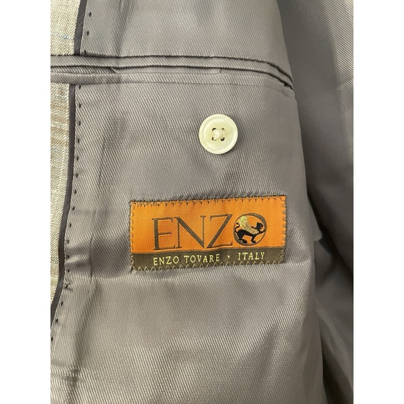 ENZO Tovare Mens Size 44R Sport Coat Blazer 100% Linen Tan Windowpane Plaid Boho - Picture 7 of 12